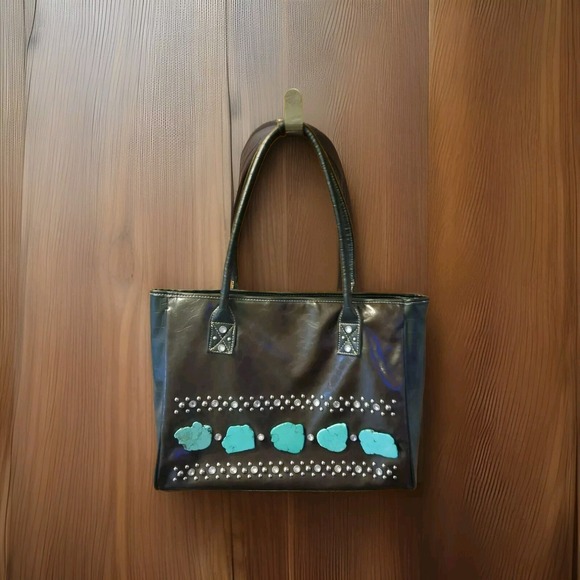 Country River Handbags - Country River Western Tote‎ Bag Brown Faux Leather Turquoise Studded Star purse